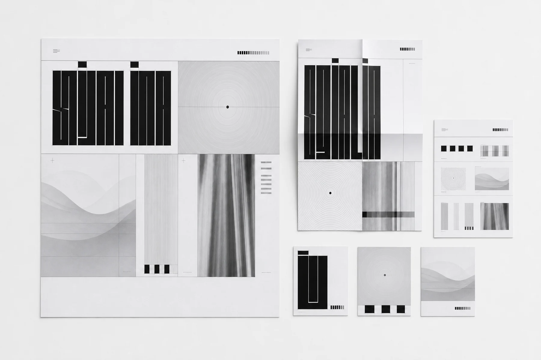 The Signal Surface identity system arranged across posters, cards, and a compact standards sheet.