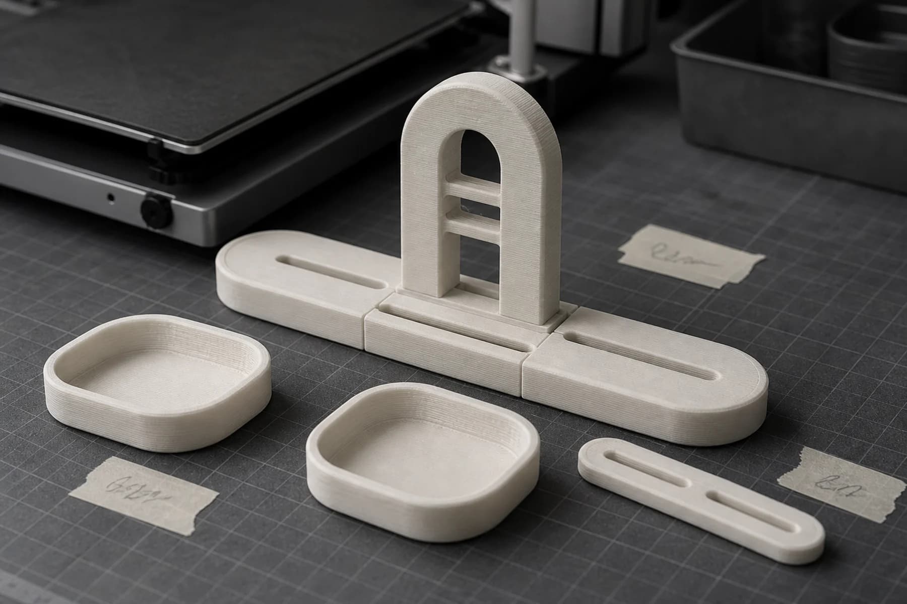 An early off-white FDM prototype with visible layer lines and loose modular parts.