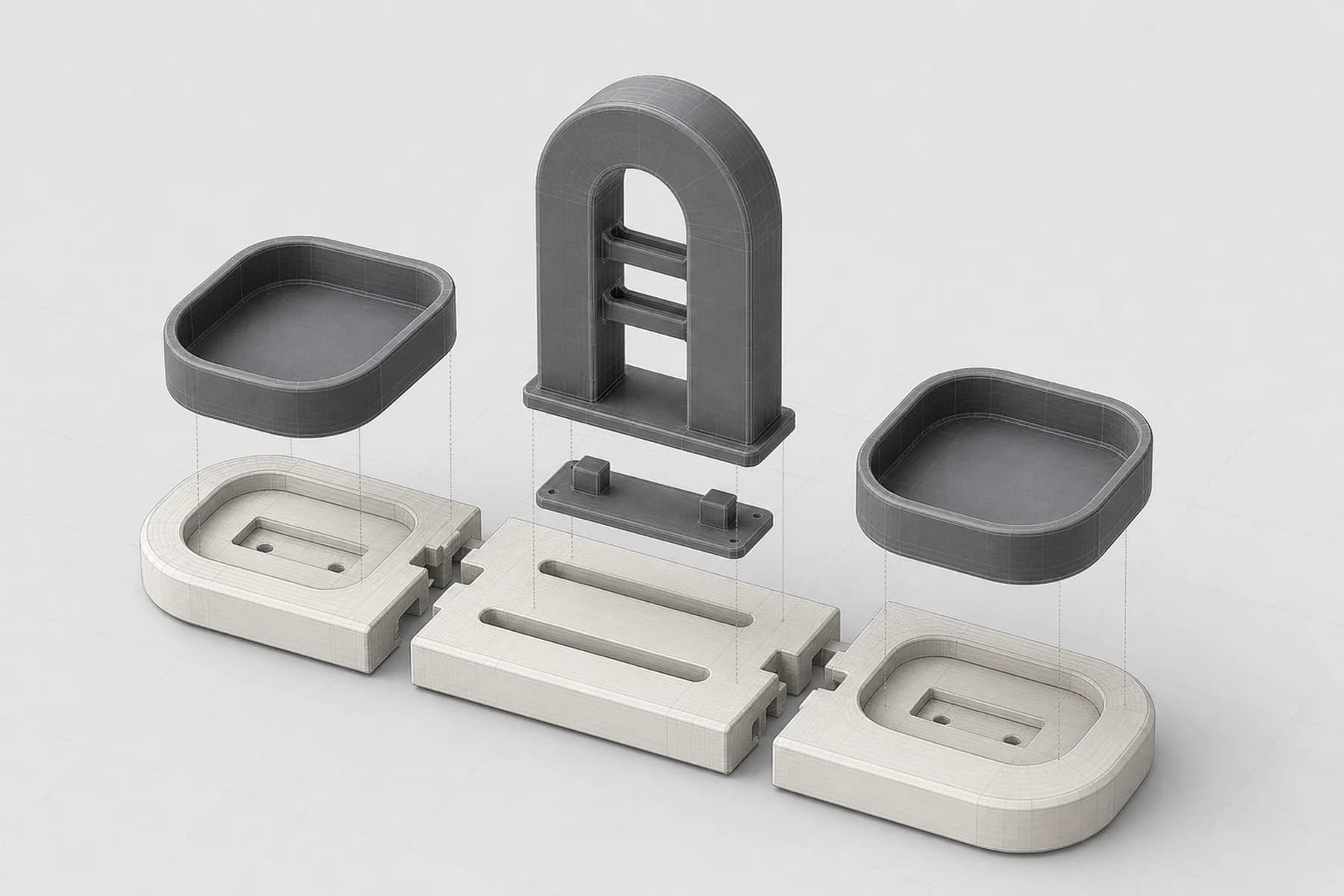An exploded CAD view showing the organizer's rail, connectors, trays, and upright arch.