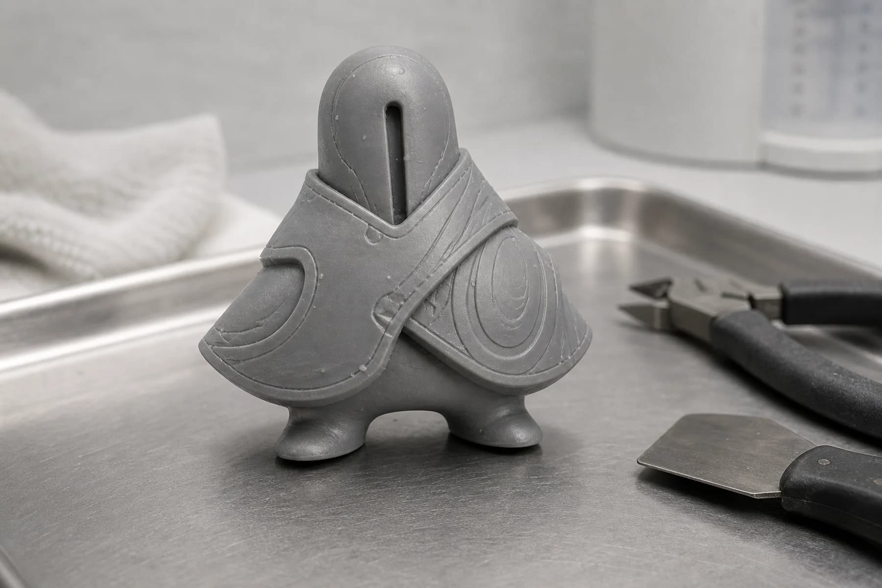 The freshly cleaned grey resin print on a stainless finishing tray beside cleanup tools.